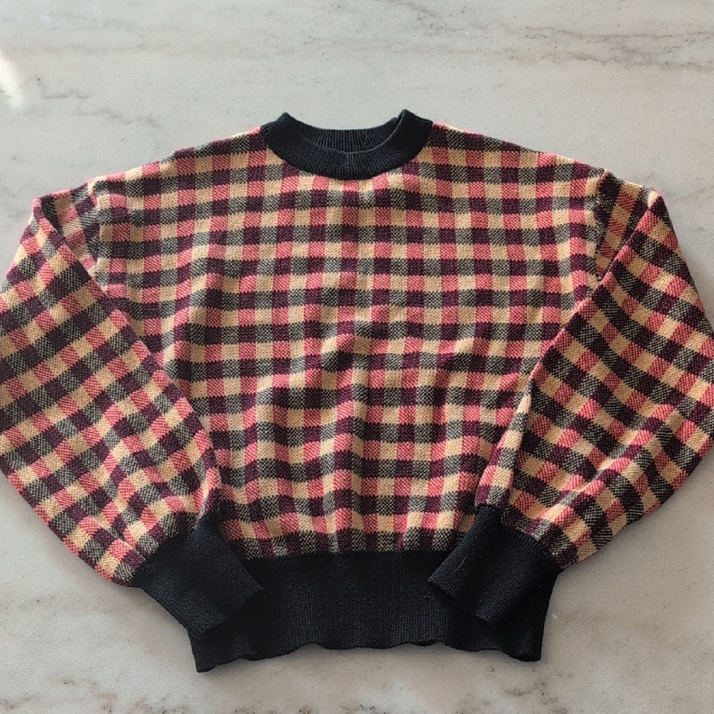 Girl Plaid Sweater (Tan, Black And Red) Checkered with Black Trim